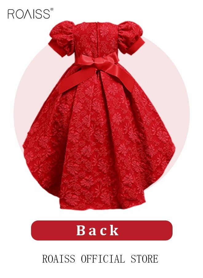 roaiss - Girls Bow Back Tie Back Gown Dress High Low Hem Party Dress Puff Sleeve Princess Dress Toddler Little Kids Party Wear Wedding Evening Formal Pageant Dance Gown for Birthday Red - Image 1