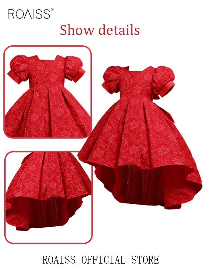 roaiss - Girls Bow Back Tie Back Gown Dress High Low Hem Party Dress Puff Sleeve Princess Dress Toddler Little Kids Party Wear Wedding Evening Formal Pageant Dance Gown for Birthday Red - Image 1