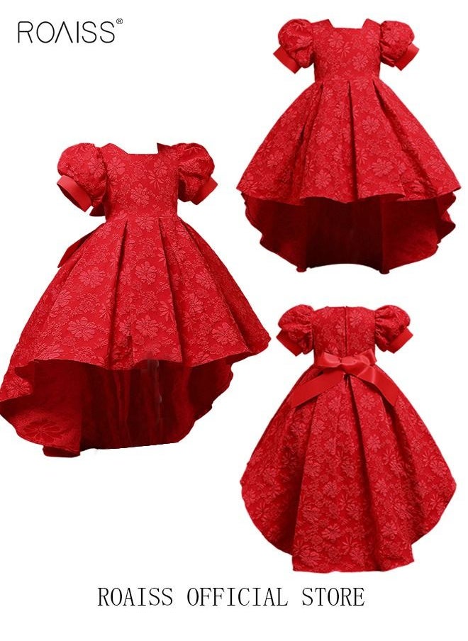 roaiss - Girls Bow Back Tie Back Gown Dress High Low Hem Party Dress Puff Sleeve Princess Dress Toddler Little Kids Party Wear Wedding Evening Formal Pageant Dance Gown for Birthday Red - Image 1