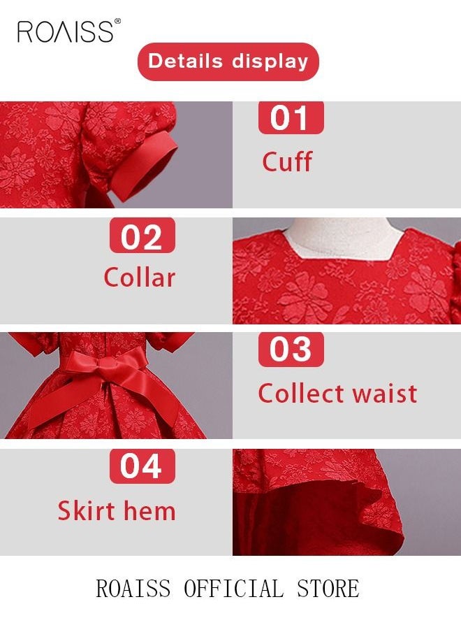 roaiss - Girls Bow Back Tie Back Gown Dress High Low Hem Party Dress Puff Sleeve Princess Dress Toddler Little Kids Party Wear Wedding Evening Formal Pageant Dance Gown for Birthday Red - Image 1