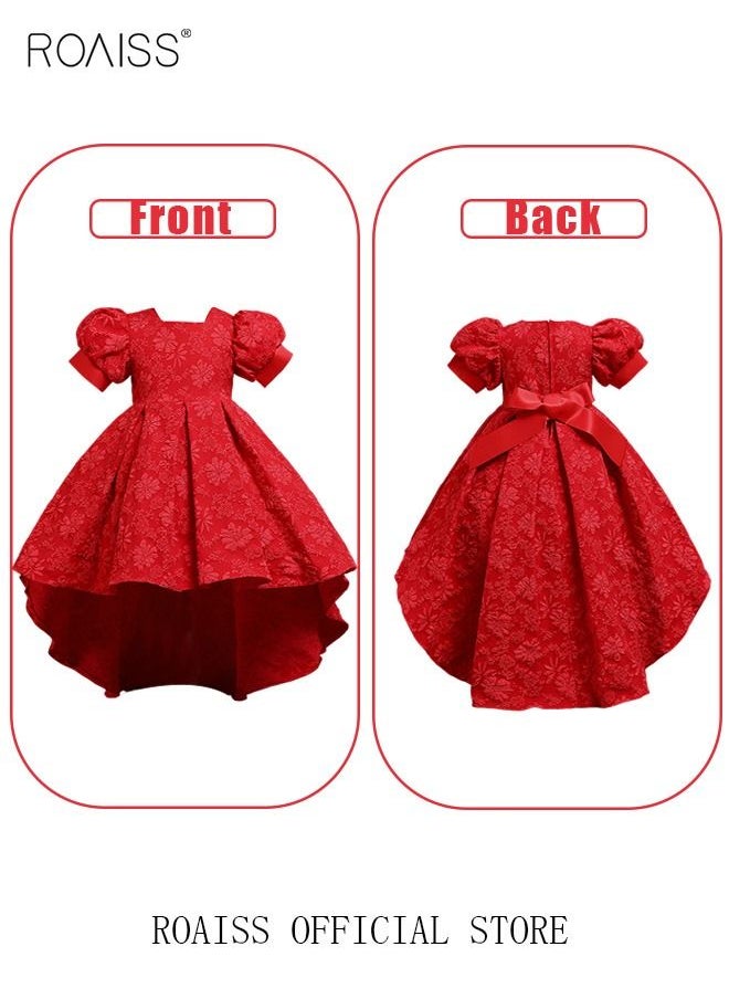 roaiss - Girls Bow Back Tie Back Gown Dress High Low Hem Party Dress Puff Sleeve Princess Dress Toddler Little Kids Party Wear Wedding Evening Formal Pageant Dance Gown for Birthday Red - Image 1