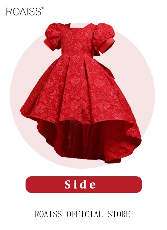 roaiss - Girls Bow Back Tie Back Gown Dress High Low Hem Party Dress Puff Sleeve Princess Dress Toddler Little Kids Party Wear Wedding Evening Formal Pageant Dance Gown for Birthday Red - Image 1