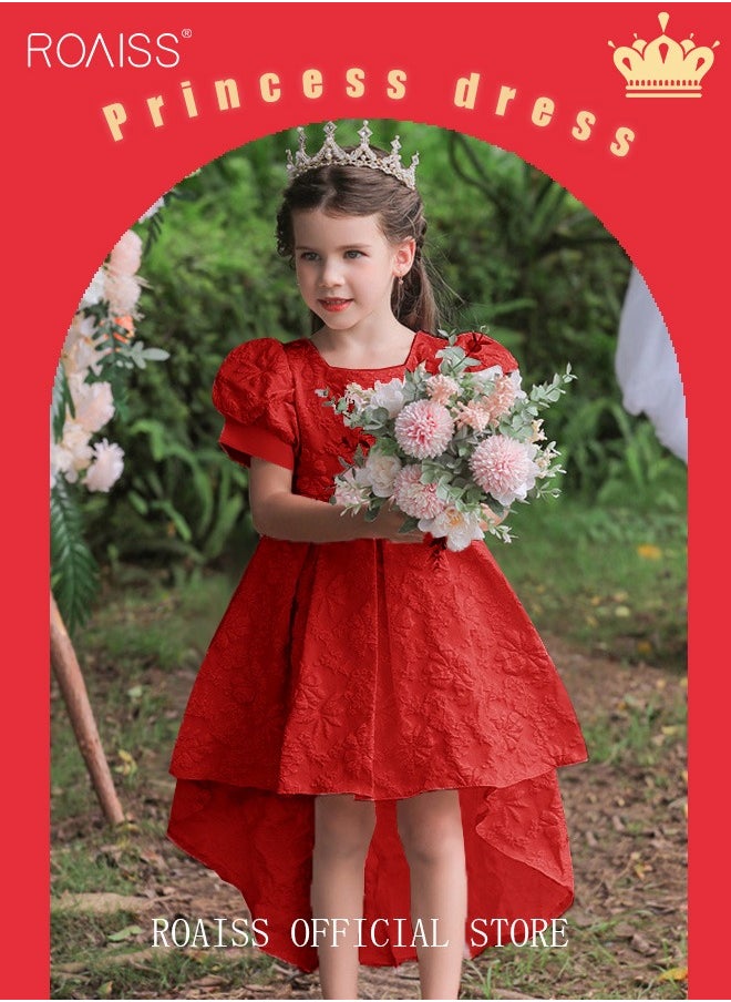 roaiss - Girls Bow Back Tie Back Gown Dress High Low Hem Party Dress Puff Sleeve Princess Dress Toddler Little Kids Party Wear Wedding Evening Formal Pageant Dance Gown for Birthday Red - Image 1