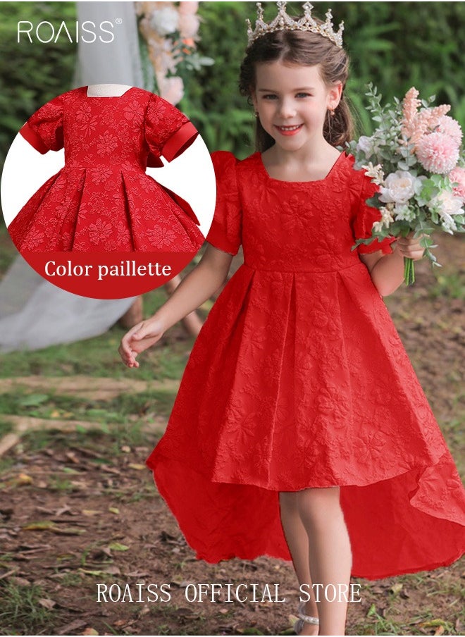 roaiss - Girls Bow Back Tie Back Gown Dress High Low Hem Party Dress Puff Sleeve Princess Dress Toddler Little Kids Party Wear Wedding Evening Formal Pageant Dance Gown for Birthday Red - Image 1