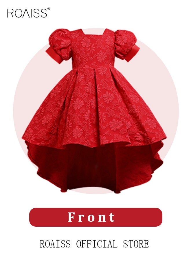 roaiss - Girls Bow Back Tie Back Gown Dress High Low Hem Party Dress Puff Sleeve Princess Dress Toddler Little Kids Party Wear Wedding Evening Formal Pageant Dance Gown for Birthday Red - Image 1