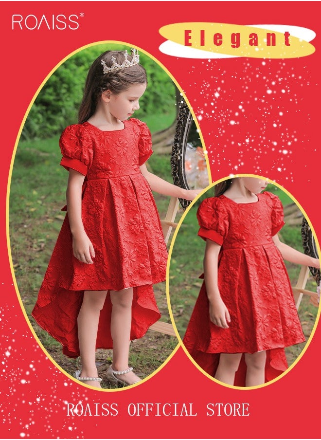 roaiss - Girls Bow Back Tie Back Gown Dress High Low Hem Party Dress Puff Sleeve Princess Dress Toddler Little Kids Party Wear Wedding Evening Formal Pageant Dance Gown for Birthday Red - Image 1