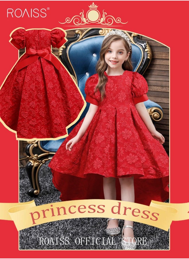 roaiss - Girls Bow Back Tie Back Gown Dress High Low Hem Party Dress Puff Sleeve Princess Dress Toddler Little Kids Party Wear Wedding Evening Formal Pageant Dance Gown for Birthday Red - Image 1