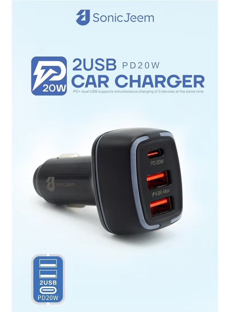 SONIC JEEM Sonic Game Hammer 4.8A 3-Port PD TYPE-C/2 USB Super Fast Car Charger - Black - Image 2