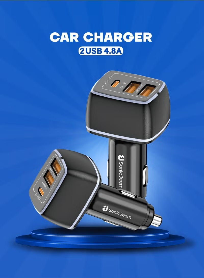 SONIC JEEM Sonic Game Hammer 4.8A 3-Port PD TYPE-C/2 USB Super Fast Car Charger - Black - Image 5