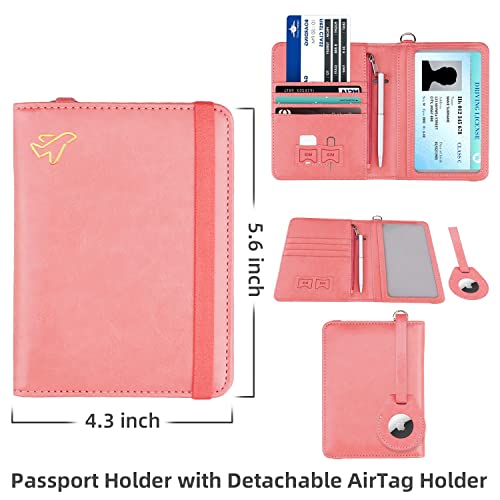 WALNEW AirTag Passport Holder, PU Leather Airtag Wallet RFID Blocking Passport Cover Travel Essentials Case for Women Men (Dark Pink) - Image 4