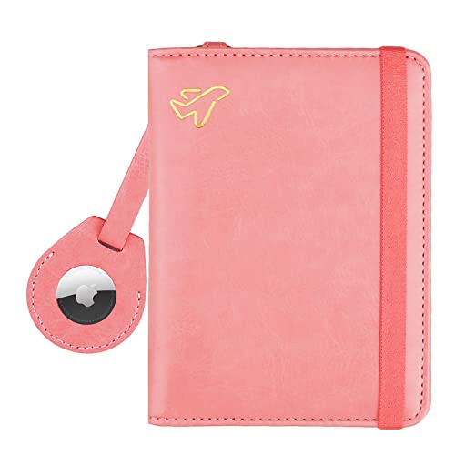 WALNEW AirTag Passport Holder, PU Leather Airtag Wallet RFID Blocking Passport Cover Travel Essentials Case for Women Men (Dark Pink) - Image 1