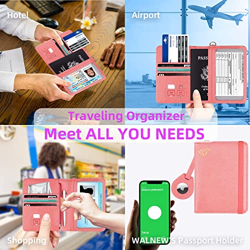 WALNEW AirTag Passport Holder, PU Leather Airtag Wallet RFID Blocking Passport Cover Travel Essentials Case for Women Men (Dark Pink) - Image 3