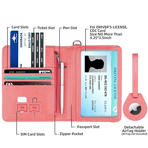 WALNEW AirTag Passport Holder, PU Leather Airtag Wallet RFID Blocking Passport Cover Travel Essentials Case for Women Men (Dark Pink) - Image 2
