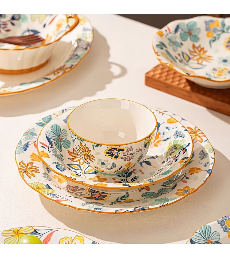 European Style 6Pcs Ceramic Tableware Set Floral Plates Bowls for Fruits Salad Microwave Oven Safe - Image 1