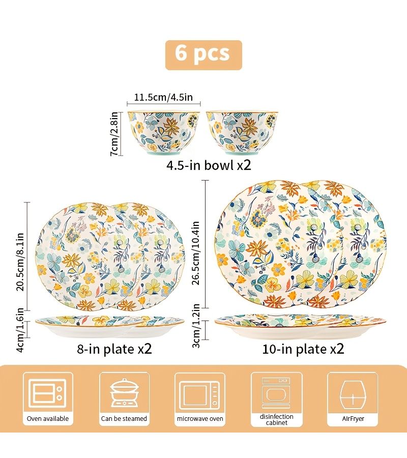 European Style 6Pcs Ceramic Tableware Set Floral Plates Bowls for Fruits Salad Microwave Oven Safe - Image 3