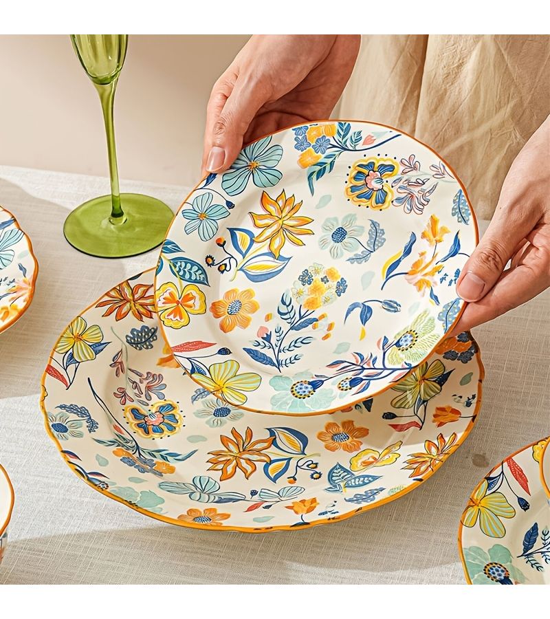 European Style 6Pcs Ceramic Tableware Set Floral Plates Bowls for Fruits Salad Microwave Oven Safe - Image 4