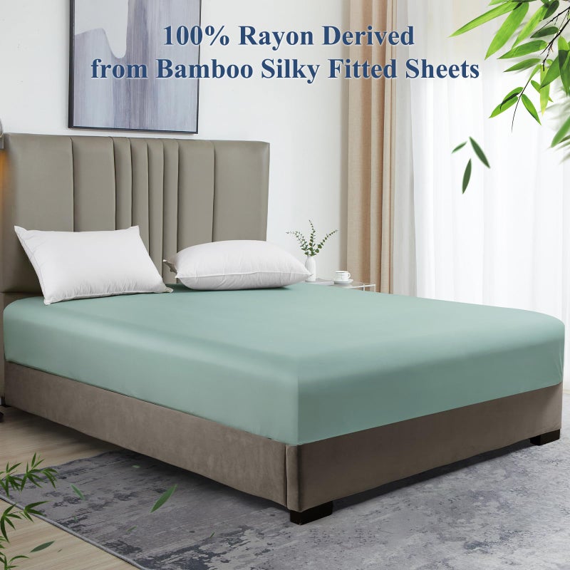 David's Home David's Home Summer Cooling Fitted Sheet Twin Size  100% Rayon Derived from Bamboo  16"" Deep Pocket 2.5cm Wider Elastic  Luxury Smooth Silky Soft Breathable Bottom Sheet for Hot Sleeper  Sage Green  - Image 2