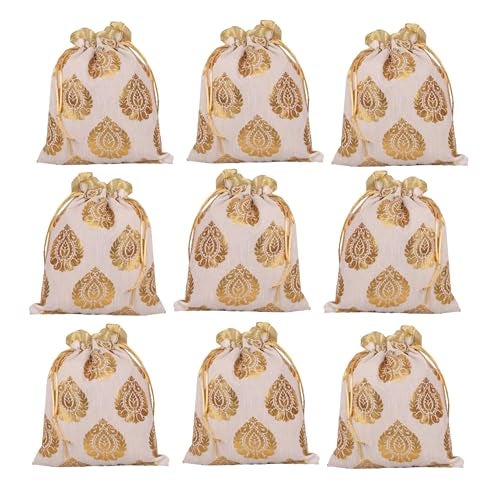 Touchstone Drawstring Bags Traditional Indian Handcrafted in Ficus Leaf Pattern Brocade fabric Perfect for Gifts Jewelry Weddings Sweet Distribution Set of 9 Vibrant Golden Pouches Purses Potli - Image 1