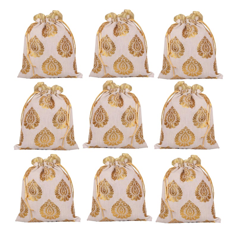 Touchstone Drawstring Bags Traditional Indian Handcrafted in Ficus Leaf Pattern Brocade fabric Perfect for Gifts Jewelry Weddings Sweet Distribution Set of 9 Vibrant Golden Pouches Purses Potli - Image 2