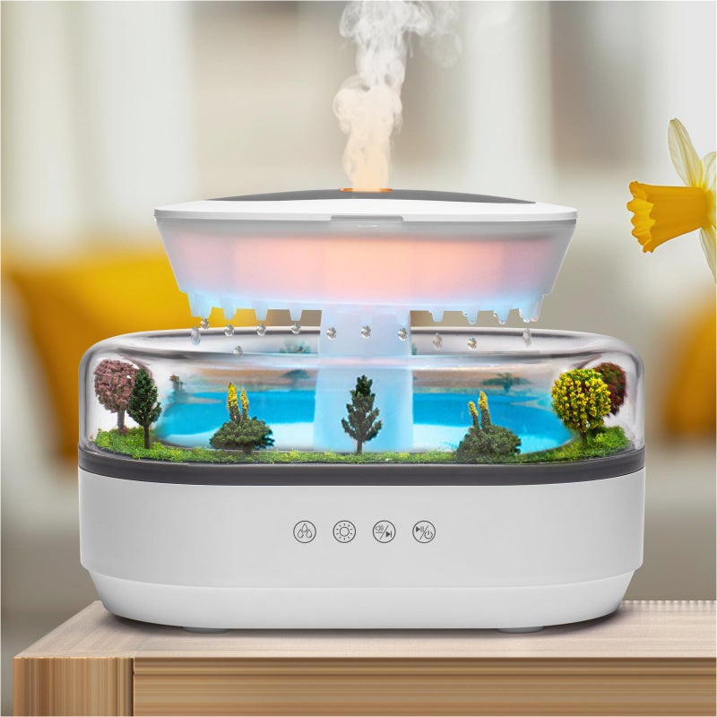 BLOIMP Essential Oil Diffuser 250ML Cloud Humidifier Rain Water Drip Diffuser Humidifier with Drip Music Micro Landscape Ultrasonic Diffuser for Bedroom Office Hotel (White Grey) - Image 1