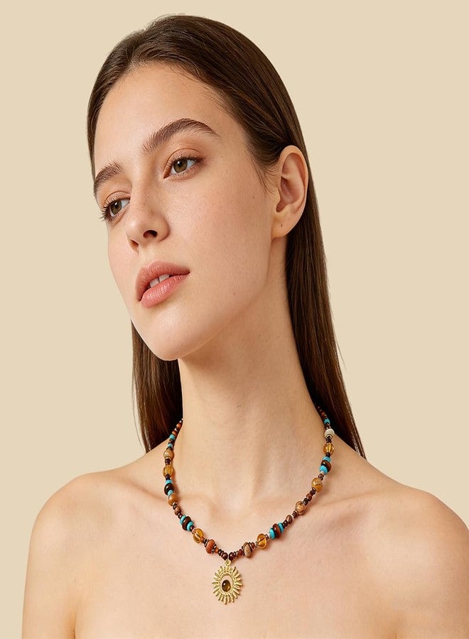 MEETCUTE Sunflower Tiger's Eye Pendant Beaded Necklace for Women, Vintage Boho-Charm Necklace Fashion Chain Accessory Creative, Dainty Jewelry GiftS (1) - Image 2
