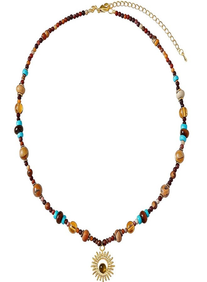 MEETCUTE Sunflower Tiger's Eye Pendant Beaded Necklace for Women, Vintage Boho-Charm Necklace Fashion Chain Accessory Creative, Dainty Jewelry GiftS (1) - Image 1