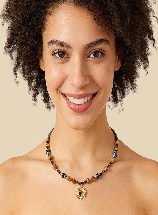 MEETCUTE Sunflower Tiger's Eye Pendant Beaded Necklace for Women, Vintage Boho-Charm Necklace Fashion Chain Accessory Creative, Dainty Jewelry GiftS (1) - Image 4