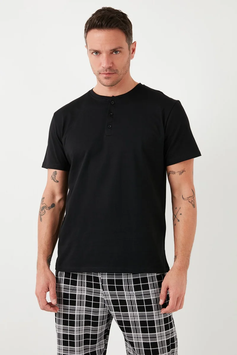 Buratti Plaid Cotton Elastic Waist Regular Fit Short Sleeve Men's Pajama Set 6572004