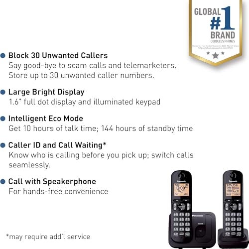 Panasonic Cordless Phone 16 Backlit Display Call Block Speakerphone 10 Hours Talk Time 2 Handsets KXTGC202B Black - Image 3