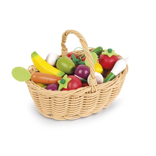 Janod 25 Piece Wooden Play Food Fruit and Vegetable Basket Ages 3 Playing Store with Toy Register Imaginative Play Enhancement Includes 24 Fruits and Vegetables Ages 3 J05620 - Image 1