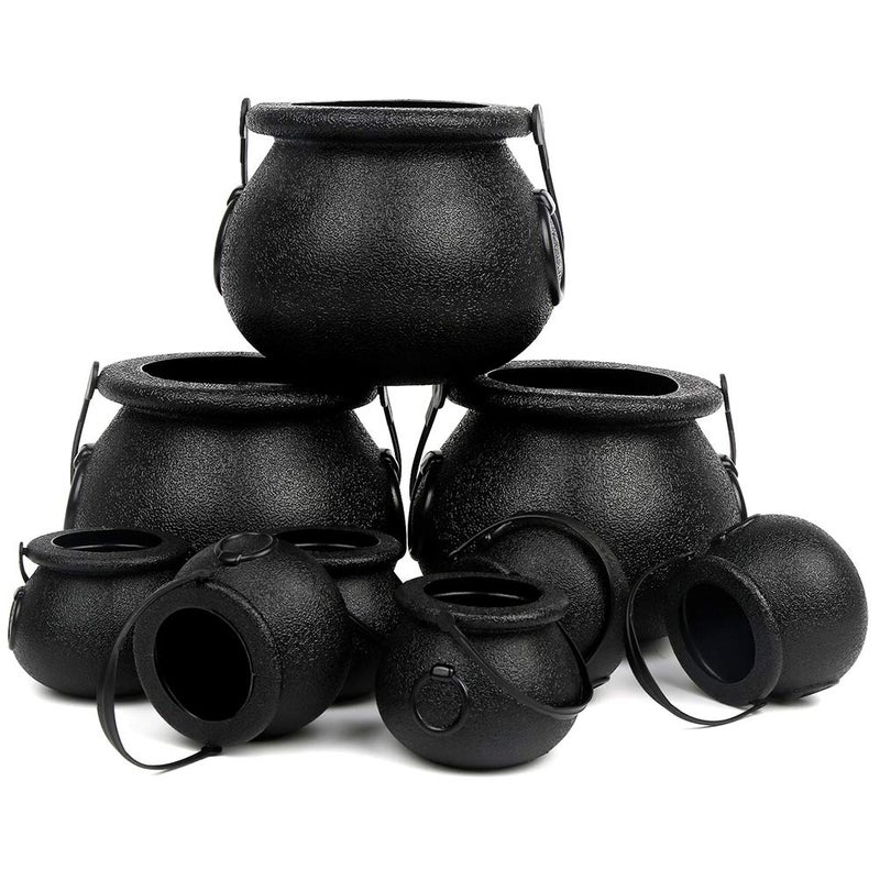 CCINEE Black Cauldron with HandlePlastic Candy Kettle Bucket for StPatricks DayHalloween Party Favor DecorPack of 9