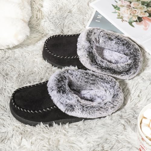 ULTRAIDEAS Women's Memory Foam House Slippers with Hard Bottom, Fur Lined House Shoes with Non-Slip Rubber Sole for Indoor & Outdoor (Black, 5-6) - Image 4