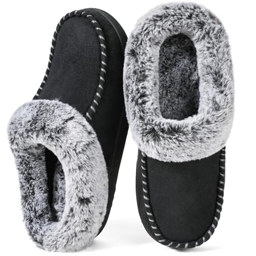 ULTRAIDEAS Women's Memory Foam House Slippers with Hard Bottom, Fur Lined House Shoes with Non-Slip Rubber Sole for Indoor & Outdoor (Black, 5-6) - Image 1