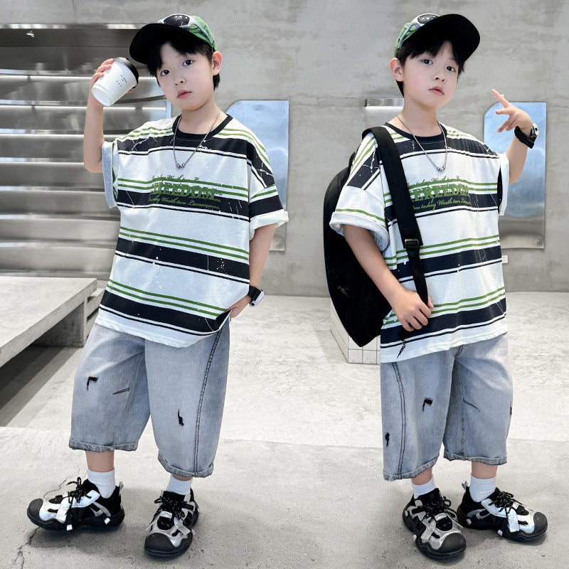 7258 Boys Thin Short Sleeve Suit Summer Children'S T-Shirt Denim Shorts Baby Korean Summer 3 - Image 1