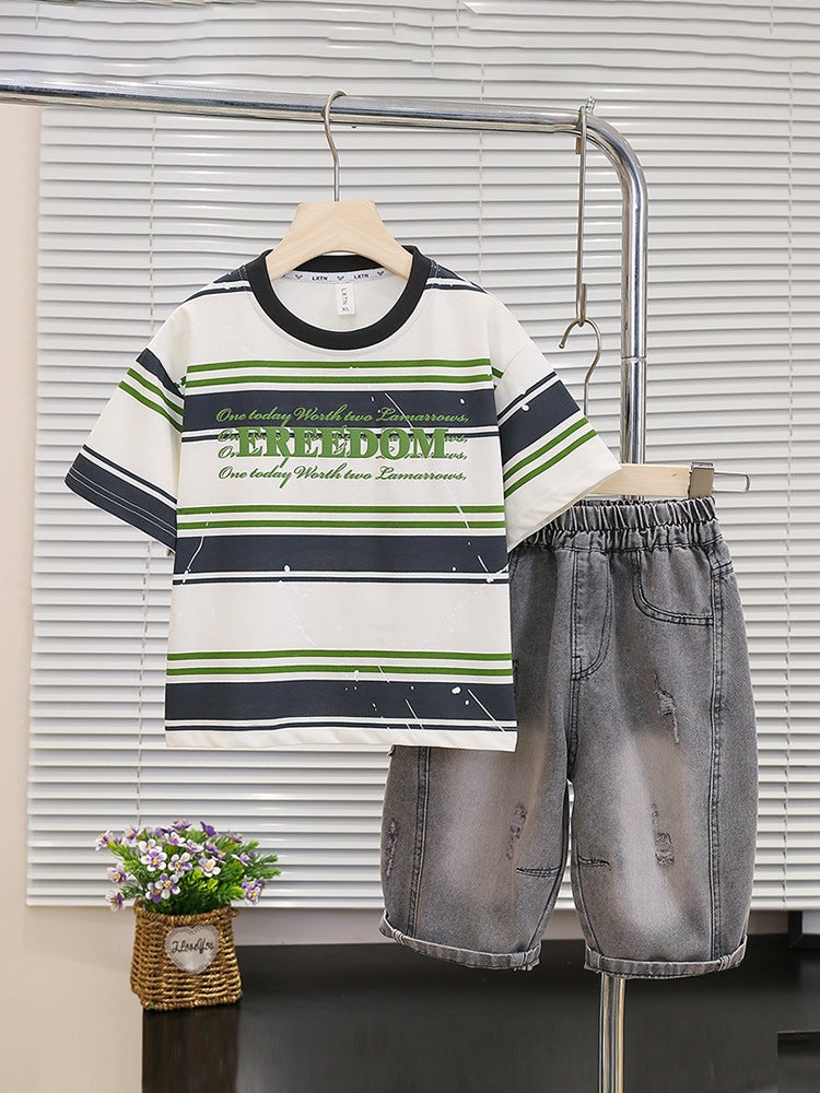 7258 Boys Thin Short Sleeve Suit Summer Children'S T-Shirt Denim Shorts Baby Korean Summer 3 - Image 2