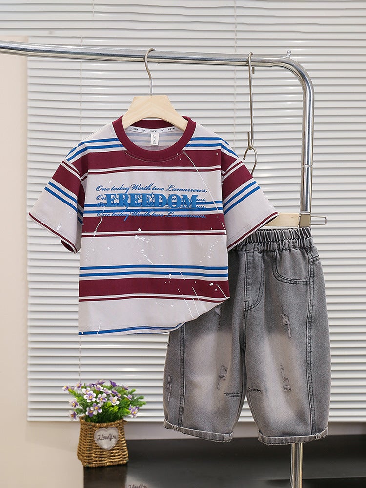 7258 Boys Thin Short Sleeve Suit Summer Children'S T-Shirt Denim Shorts Baby Korean Summer 3 - Image 3