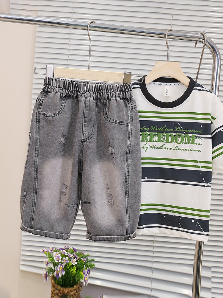 7258 Boys Thin Short Sleeve Suit Summer Children'S T-Shirt Denim Shorts Baby Korean Summer 3 - Image 4