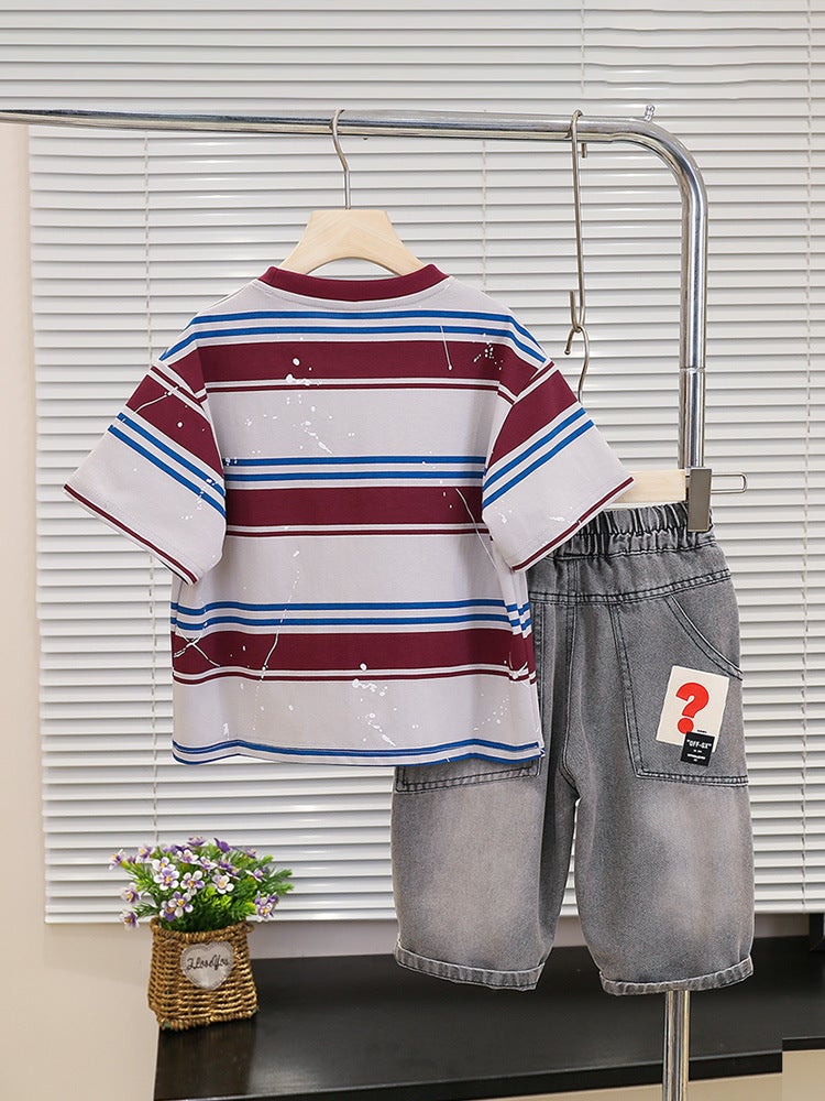 7258 Boys Thin Short Sleeve Suit Summer Children'S T-Shirt Denim Shorts Baby Korean Summer 3 - Image 5