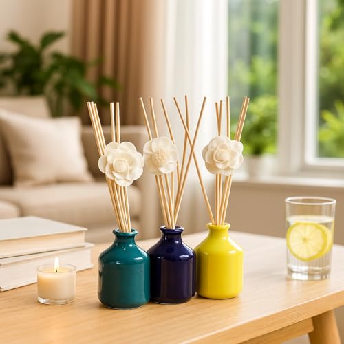 Brahmz Reed Diffuser Jar Set, 3 Ceramic Jars, 18 Reed Sticks, 3 Sola Flowers, Capacity 100ml - Image 1