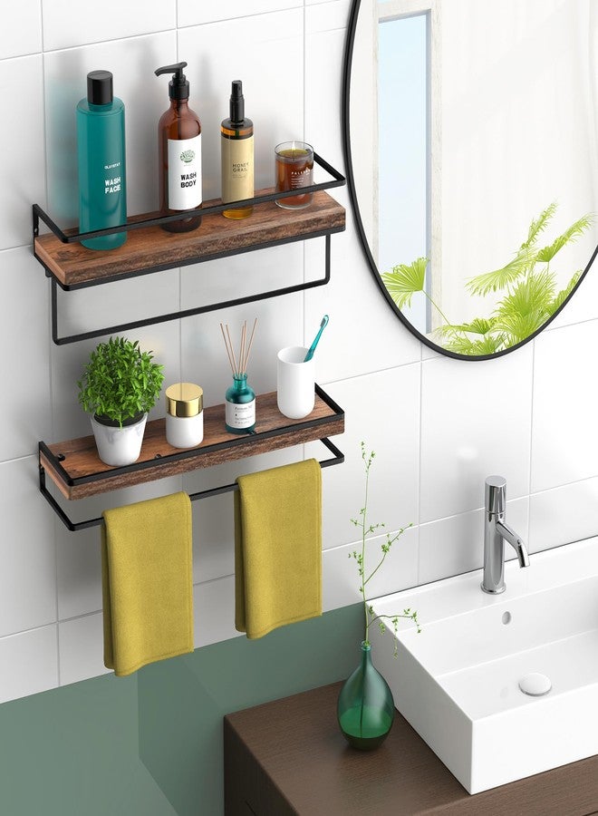Meangood Floating Shelves Wall Mounted Set of 2, Wall Shelf with Towel Bar Rustic Wood Wall Storage Shelves for Bedroom,Living Room,Bathroom, Kitchen Rustic Brown - Image 2