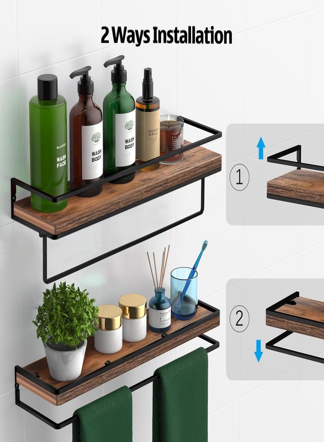 Meangood Floating Shelves Wall Mounted Set of 2, Wall Shelf with Towel Bar Rustic Wood Wall Storage Shelves for Bedroom,Living Room,Bathroom, Kitchen Rustic Brown - Image 3