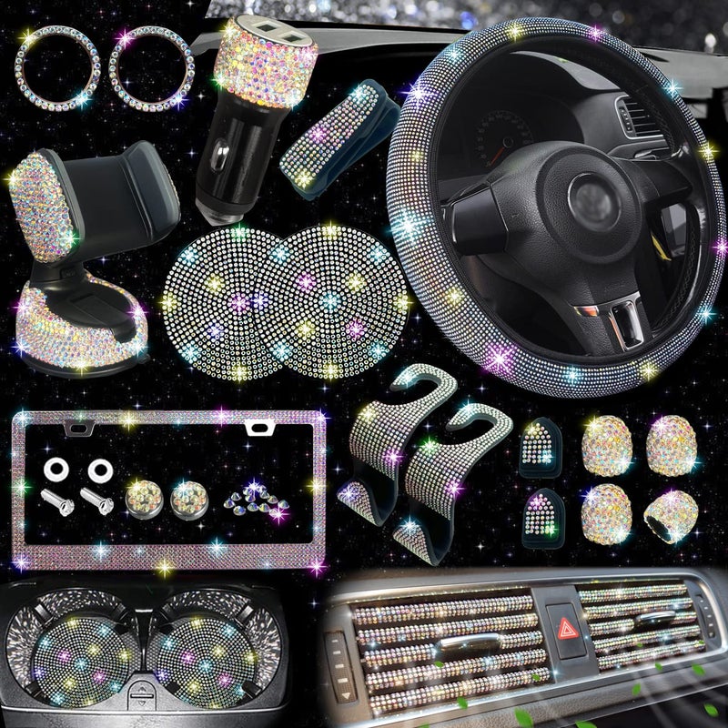 NBTEPEM 27 PCs Multicolor Bling Car Accessories Set for Women Steering Wheel Covers Universal Fit 15 Inch Bling License Plate Frame Bling Phone Holder Bling Car Coasters