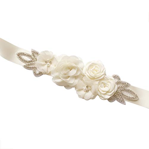 Lauthen.S Sash Belt with Flowers Pearls Rhinestone for Wedding Bride/Maternity Baby Shower Dress Bridesmaid Sash,Ivory - Image 3