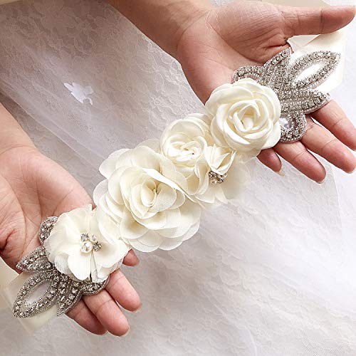 Lauthen.S Sash Belt with Flowers Pearls Rhinestone for Wedding Bride/Maternity Baby Shower Dress Bridesmaid Sash,Ivory - Image 2