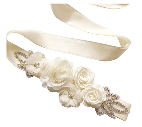 Lauthen.S Sash Belt with Flowers Pearls Rhinestone for Wedding Bride/Maternity Baby Shower Dress Bridesmaid Sash,Ivory - Image 1