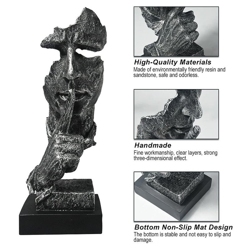 fazhongfa Thinker Statue - Silence is Gold Modern Decor Creative Abstract Art Figurine Resin Sculptures Decoration Room Home Study Office Figurines for Desktop Shelf Table Ornament (Silver) - Image 4