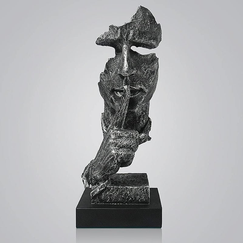 fazhongfa Thinker Statue - Silence is Gold Modern Decor Creative Abstract Art Figurine Resin Sculptures Decoration Room Home Study Office Figurines for Desktop Shelf Table Ornament (Silver) - Image 1