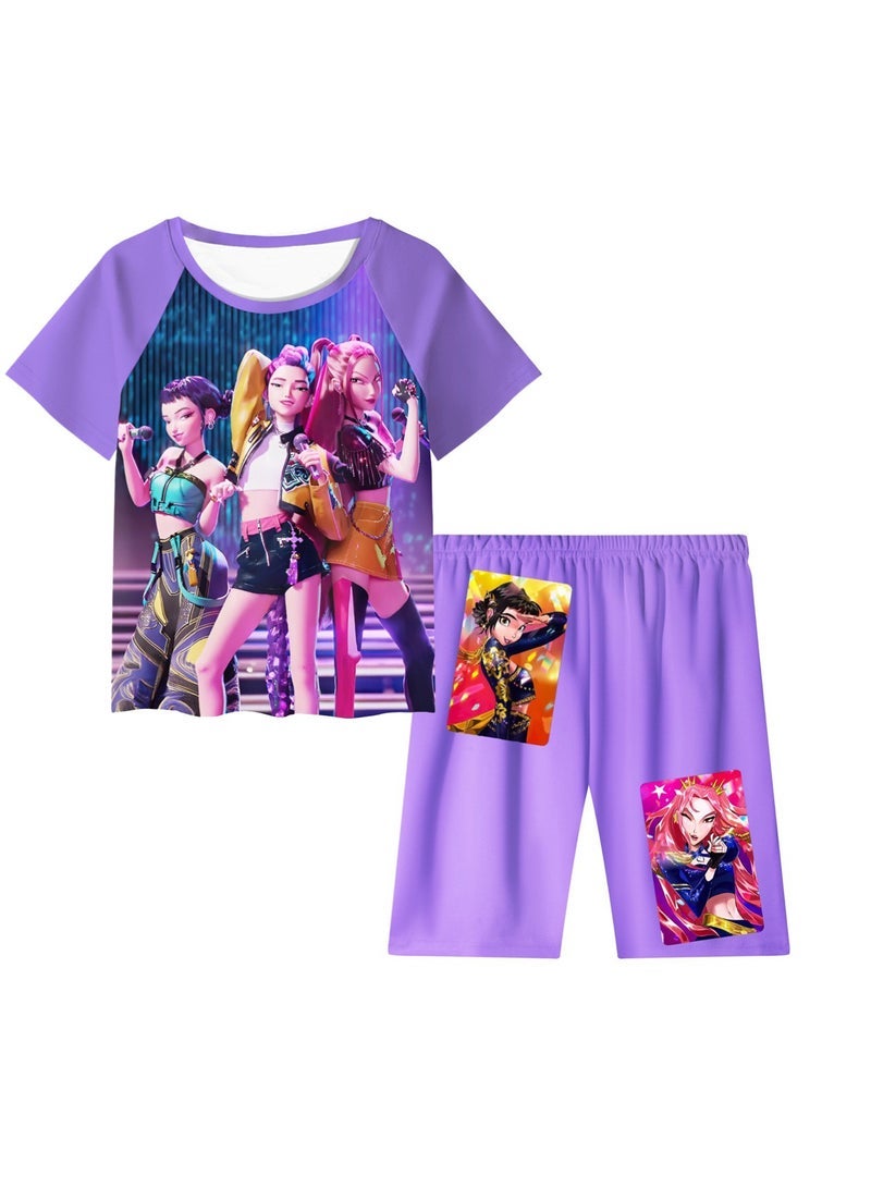 general K-POP: Demon-Hunting Girl Group Printed Pajama Set Short Sleeve and Shorts Loungewear Available in Various Sizes - Image 1