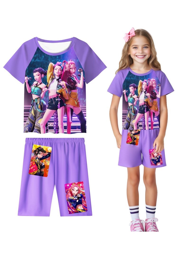 general K-POP: Demon-Hunting Girl Group Printed Pajama Set Short Sleeve and Shorts Loungewear Available in Various Sizes - Image 2