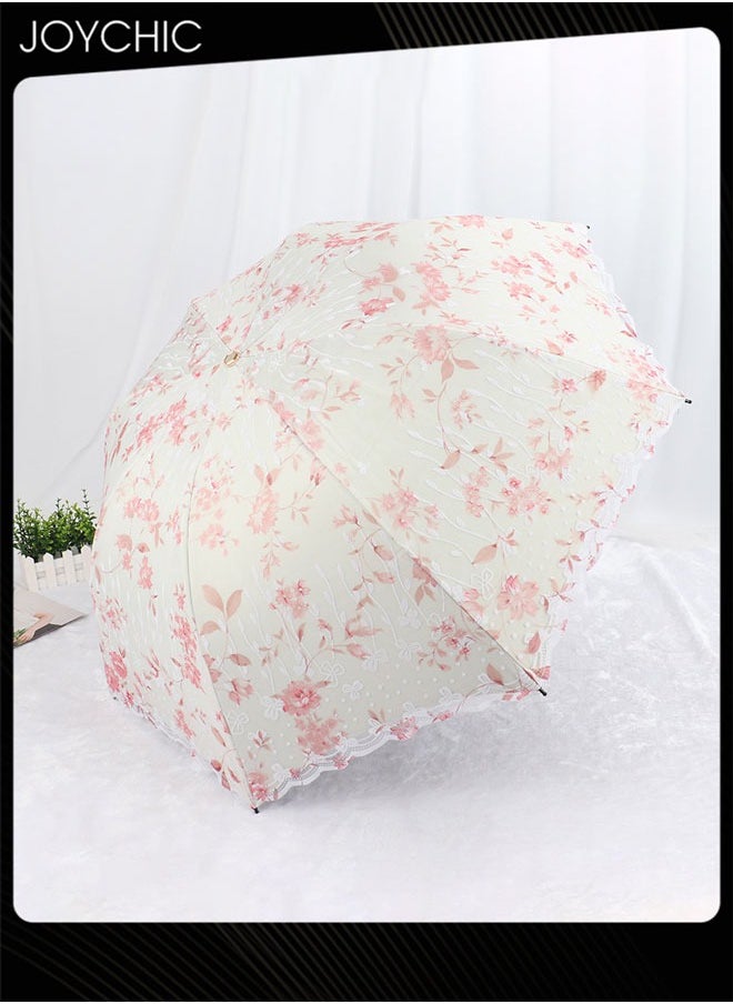 Joychic - Women Portbale Elegant Lace Pattern Sun-Proof Rain-Resistant 3 Fold Travel Umbrella Pink - Image 1